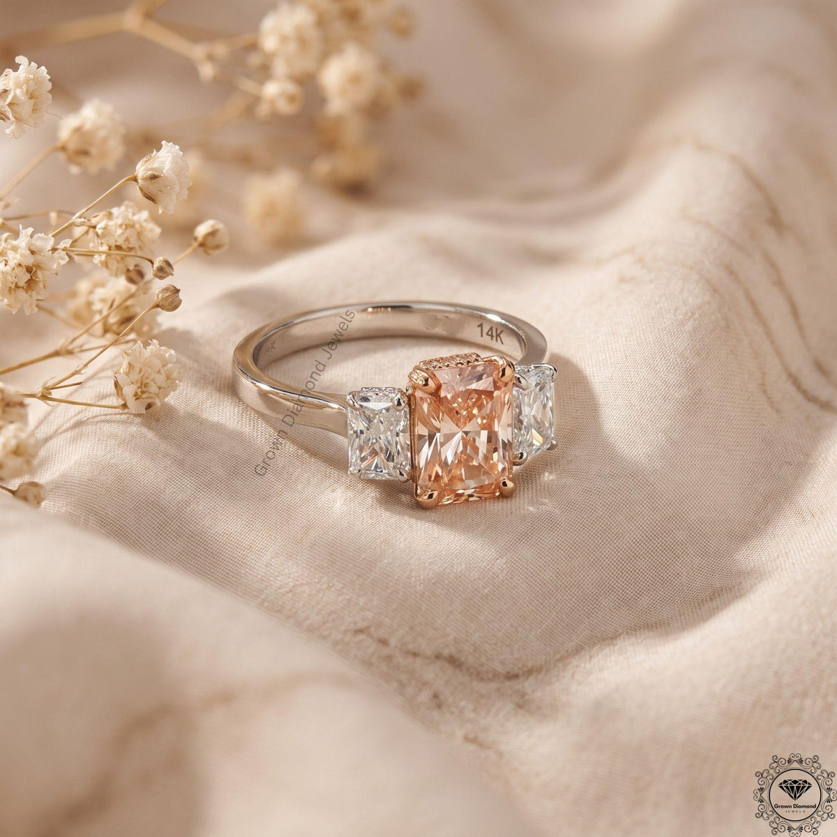 Radiant Cut Pink Lab Grown Diamond 3 Stone Anniversary Ring