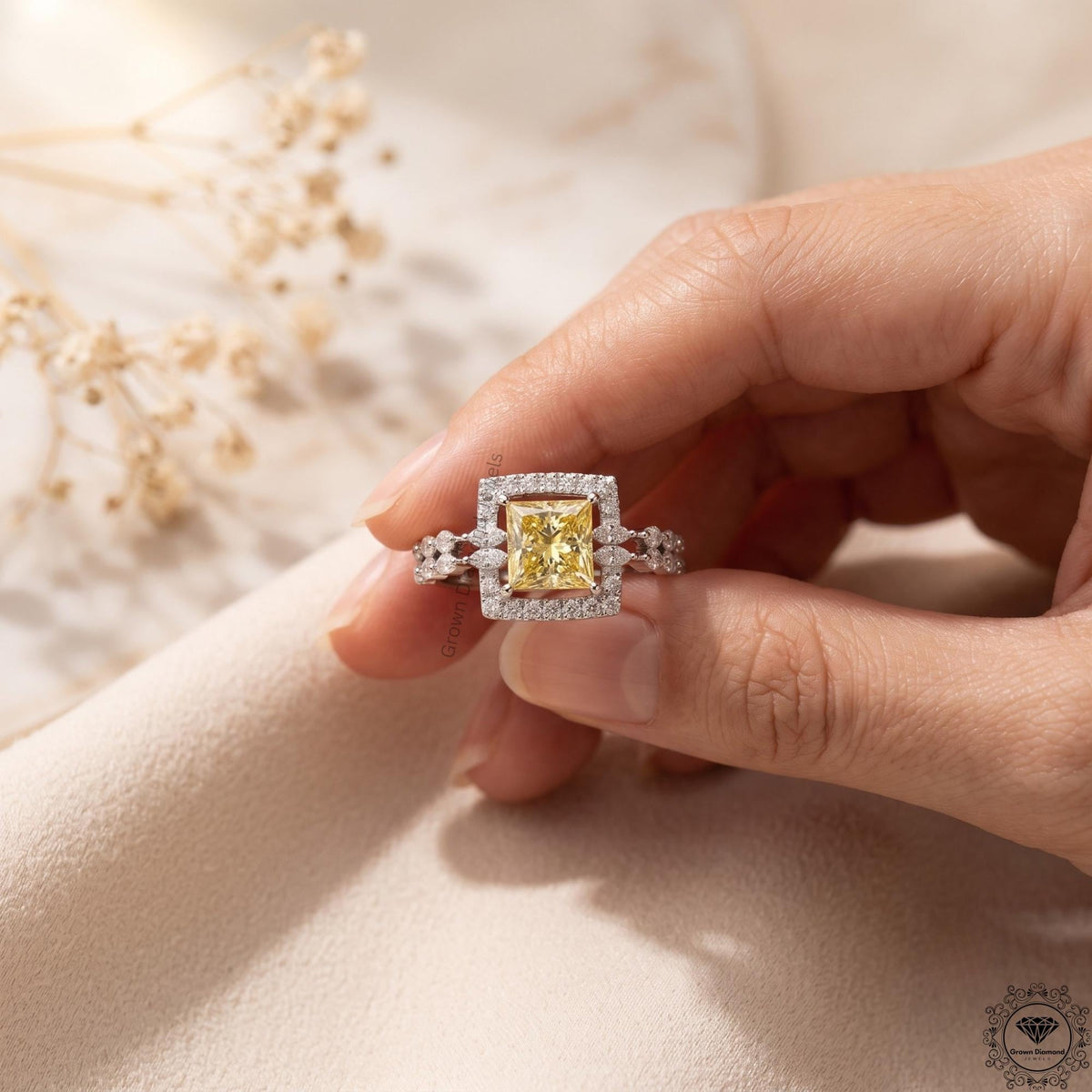 2.10CT Fancy Yellow Princess Cut Lab Grown Diamond Halo Ring