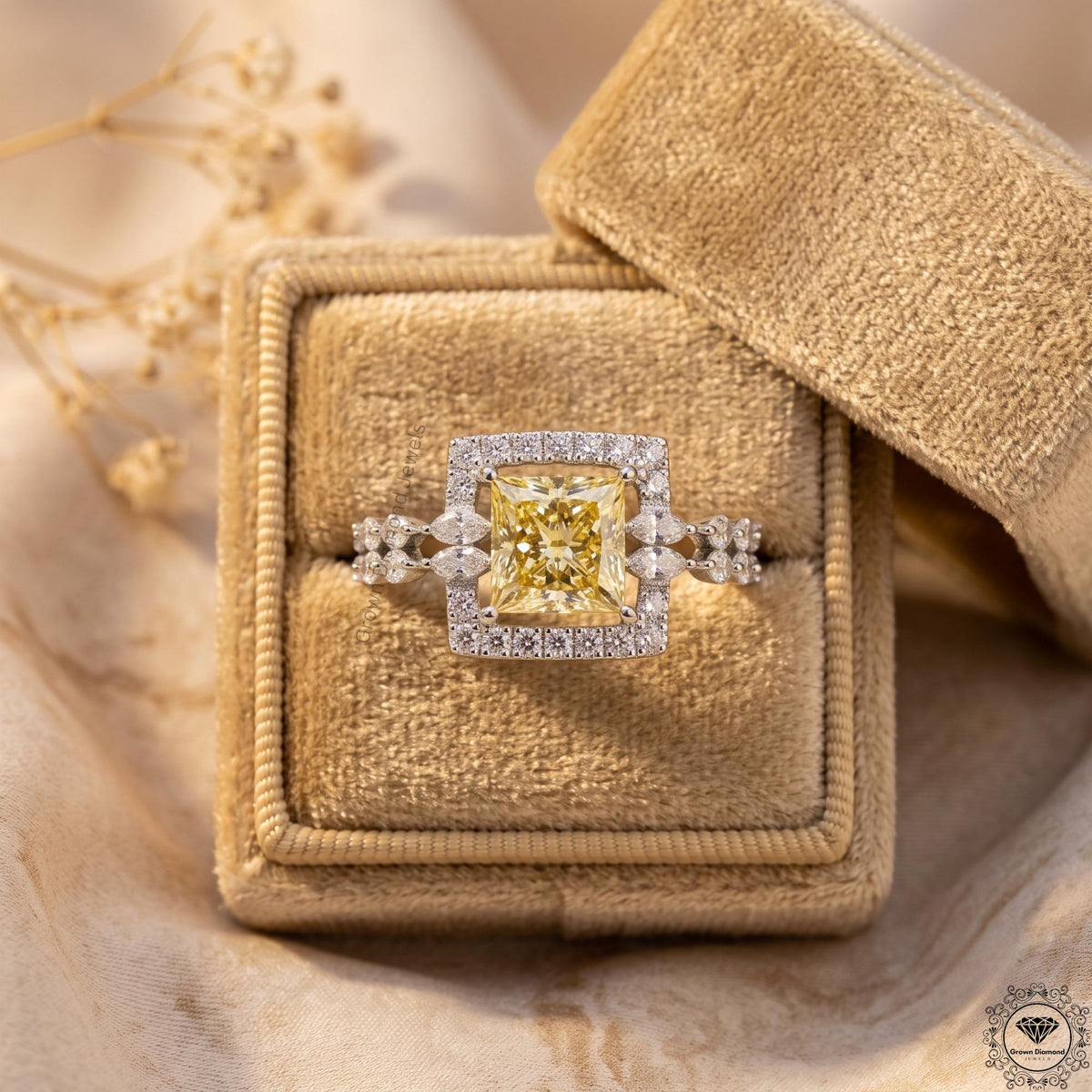 2.10CT Fancy Yellow Princess Cut Lab Grown Diamond Halo Ring