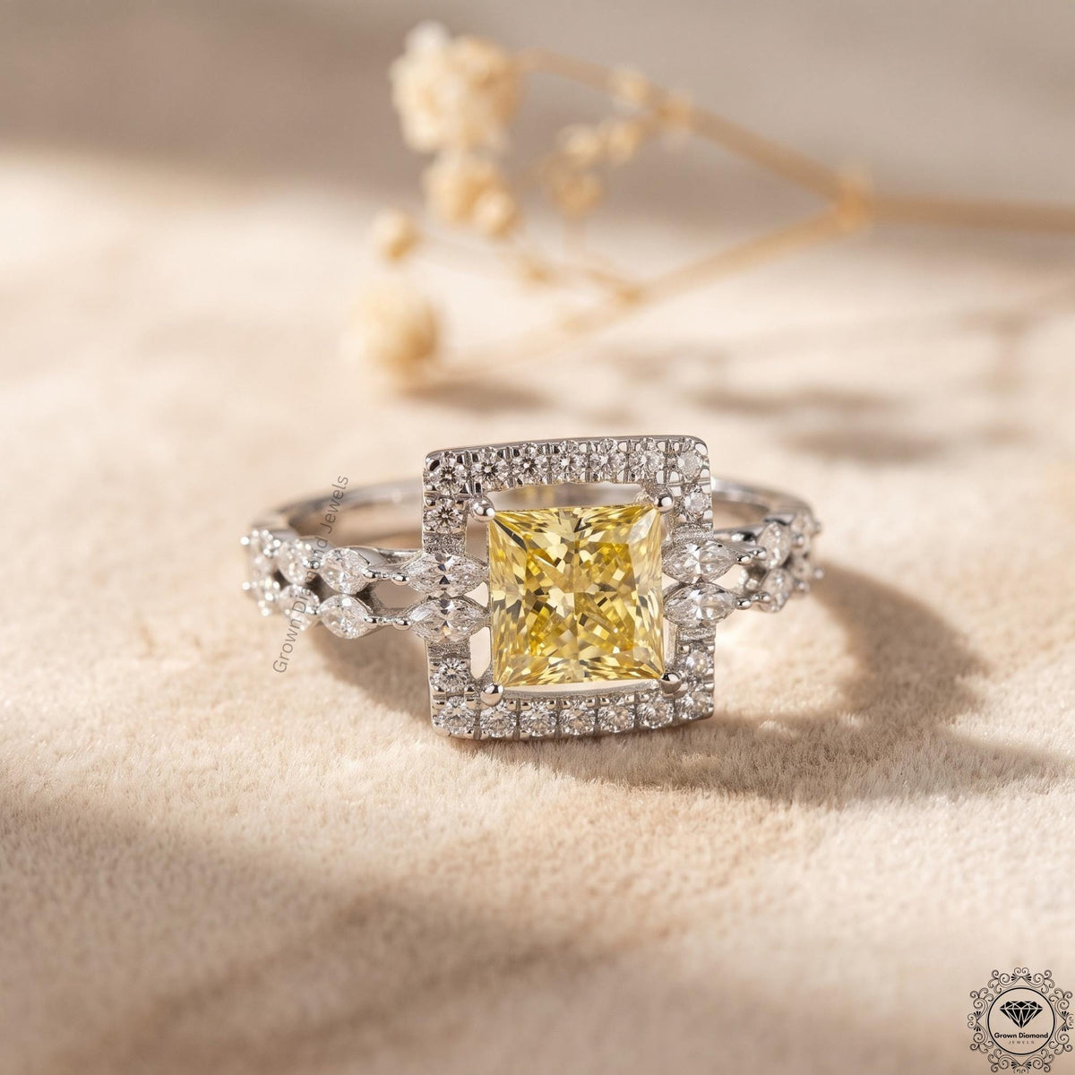2.10CT Fancy Yellow Princess Cut Lab Grown Diamond Halo Ring