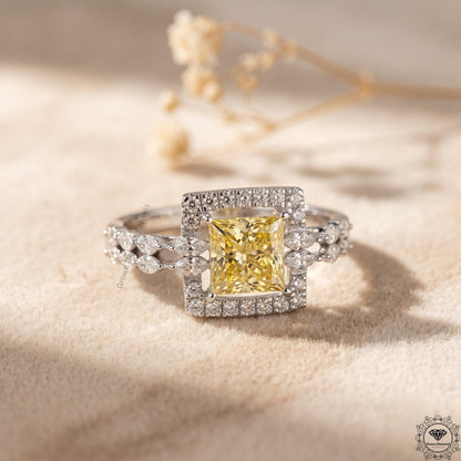 2.10CT Fancy Yellow Princess Cut Lab Grown Diamond Halo Ring