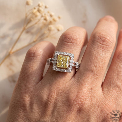 2.10CT Fancy Yellow Princess Cut Lab Grown Diamond Halo Ring