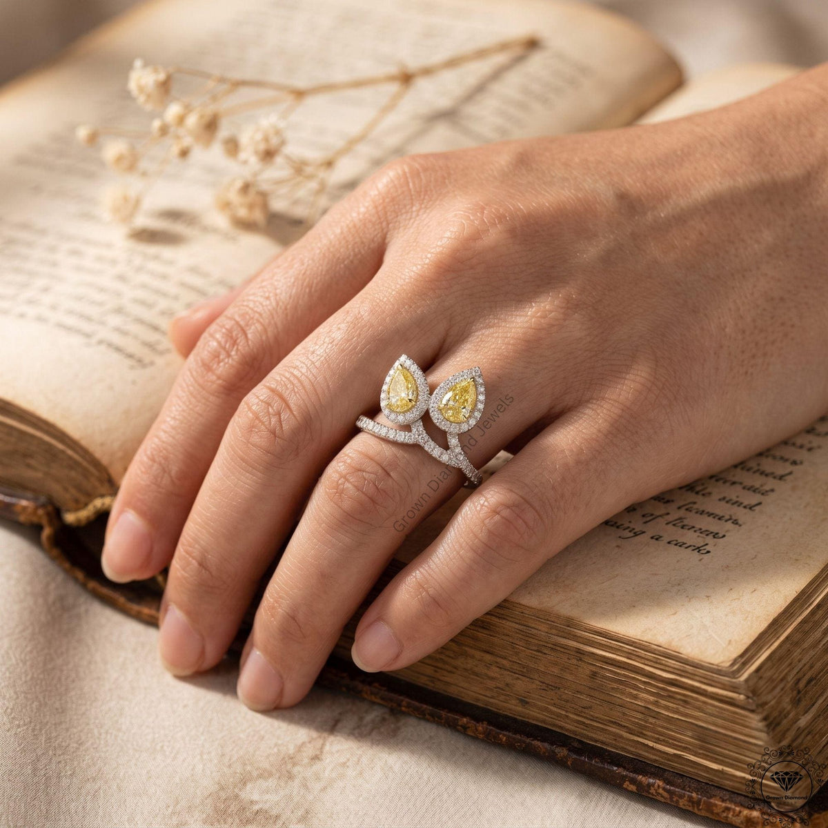 2 Stone Pear Cut Yellow Lab Grown Diamond Engagement Ring