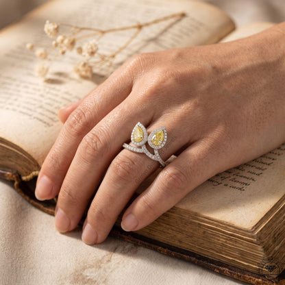 2 Stone Pear Cut Yellow Lab Grown Diamond Engagement Ring