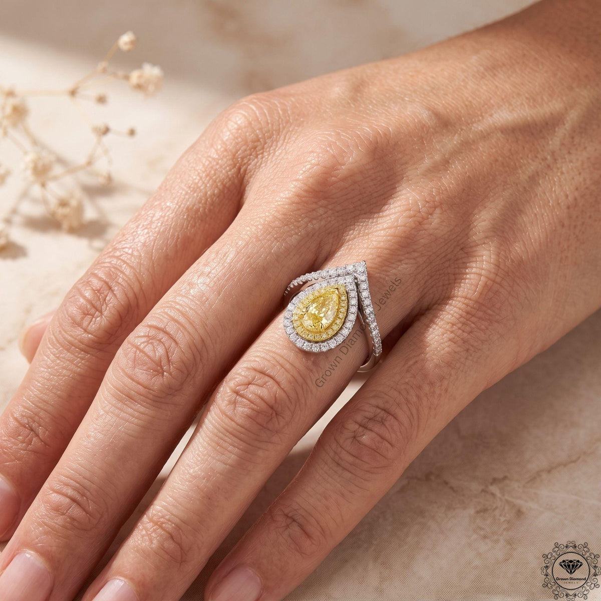 Fancy Intense Yellow Pear Lab Diamond Engagement Ring