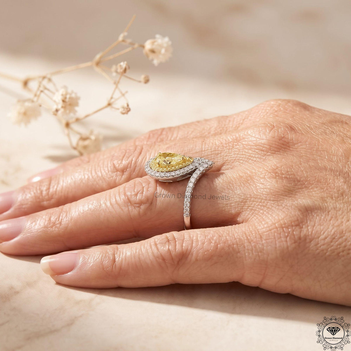 Fancy Intense Yellow Pear Lab Diamond Engagement Ring