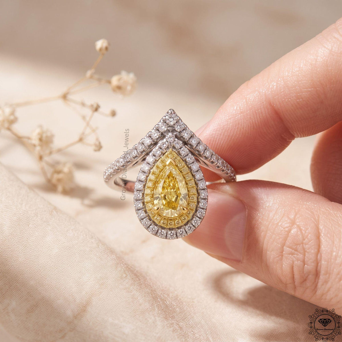 Fancy Intense Yellow Pear Lab Diamond Engagement Ring