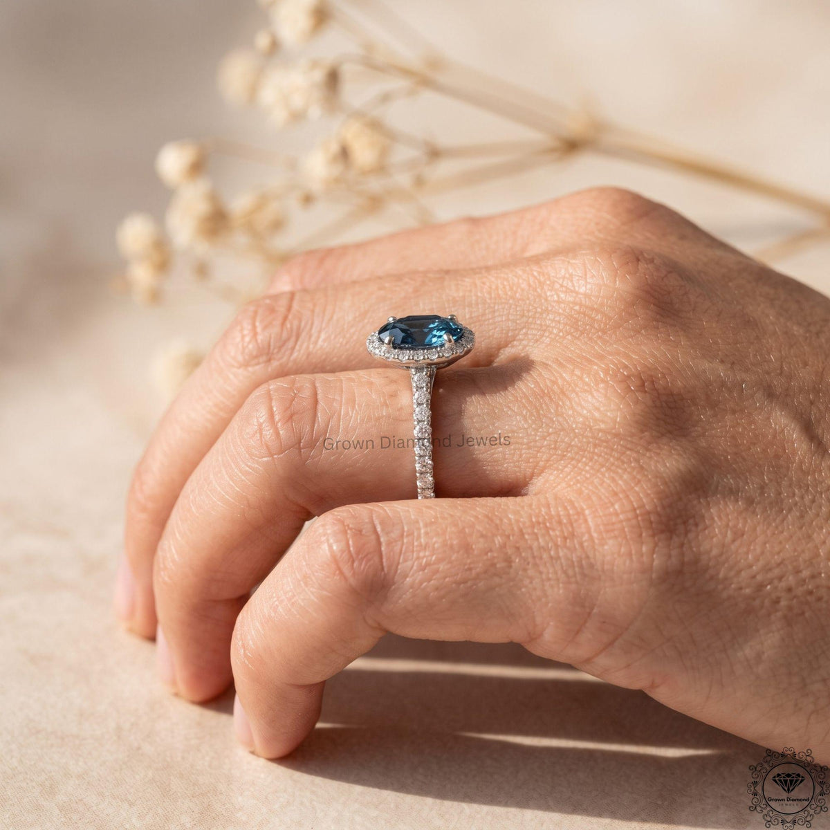 Vivid Blue Oval Lab Grown Diamond Halo Engagement Ring 14k