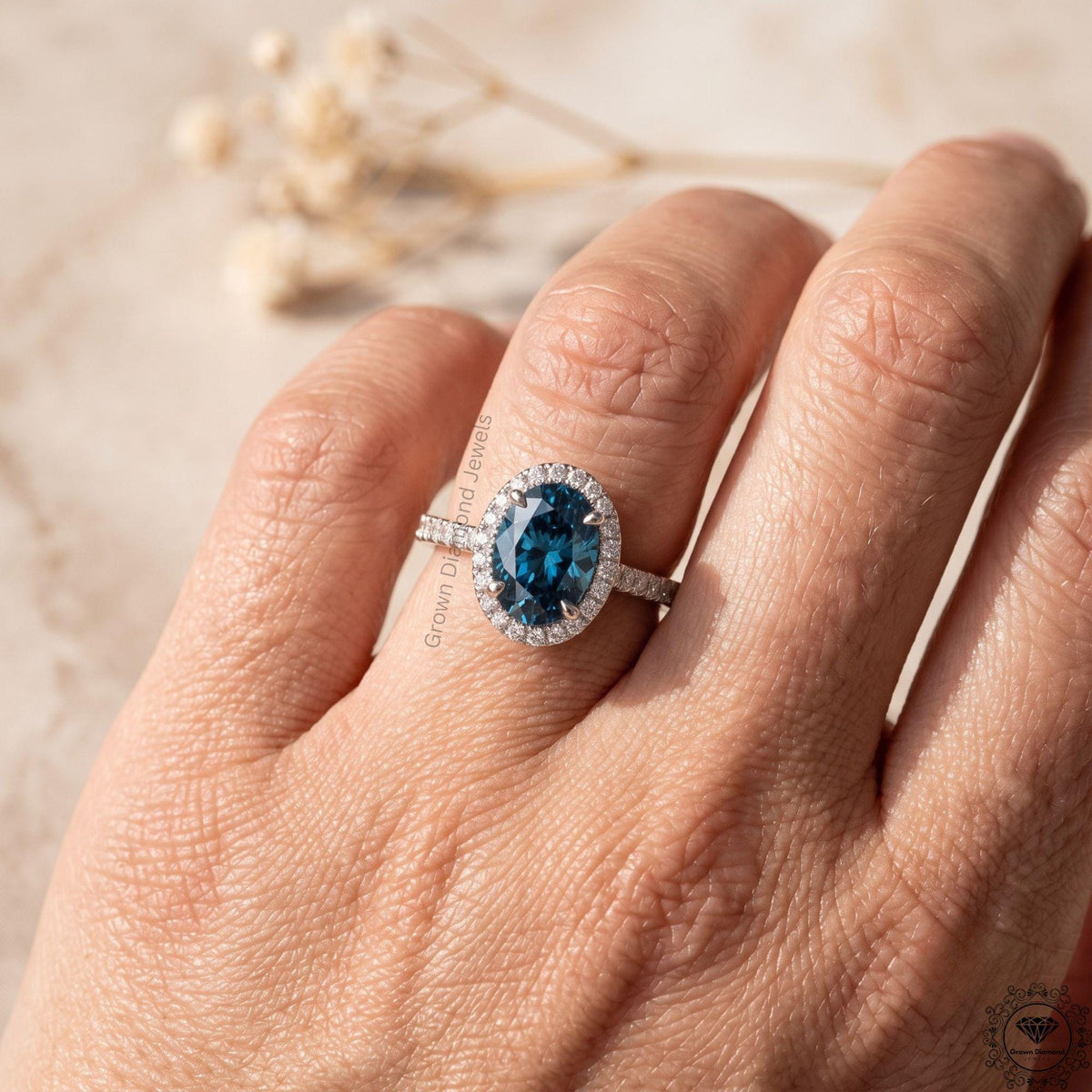 Vivid Blue Oval Lab Grown Diamond Halo Engagement Ring 14k