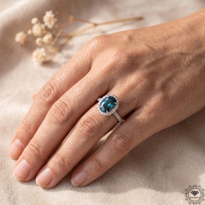 Vivid Blue Oval Lab Grown Diamond Halo Engagement Ring 14k