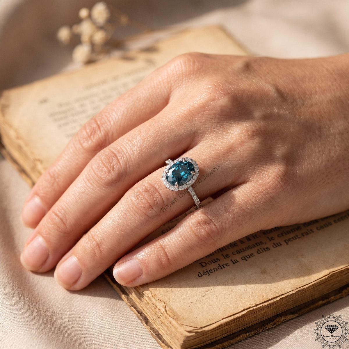 Vivid Blue Oval Lab Grown Diamond Halo Engagement Ring 14k