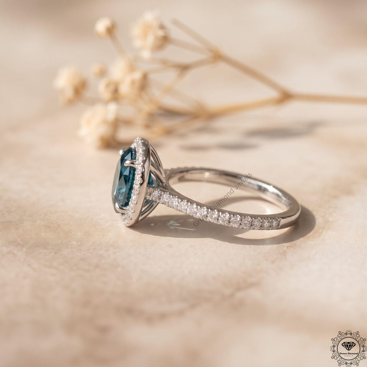 Vivid Blue Oval Lab Grown Diamond Halo Engagement Ring 14k