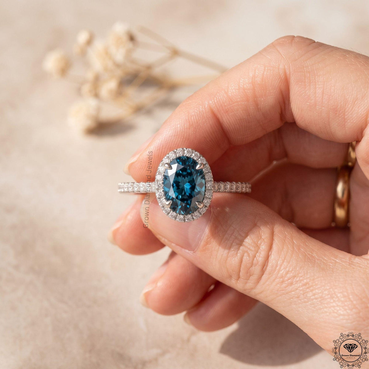 Vivid Blue Oval Lab Grown Diamond Halo Engagement Ring 14k