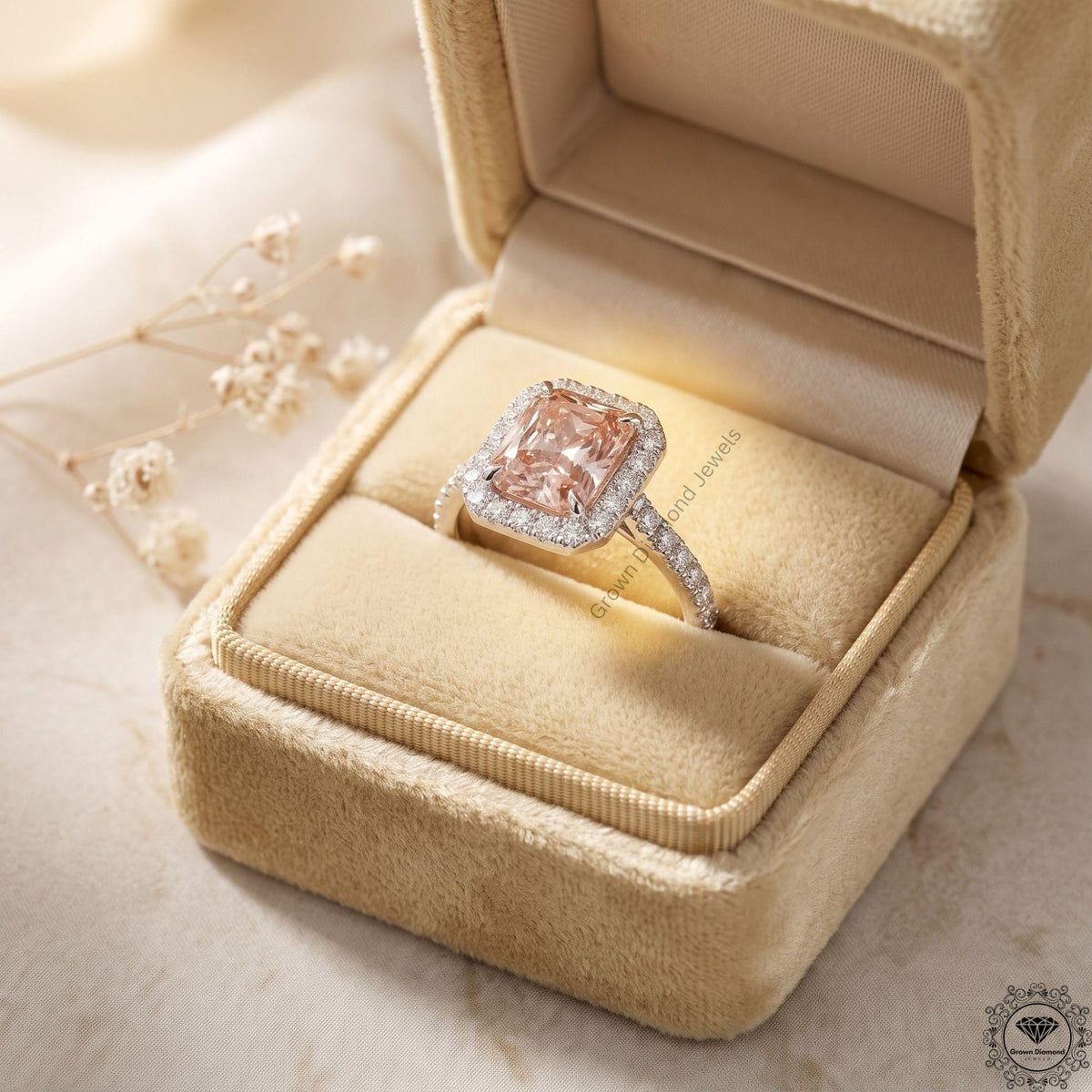 Radiant Cut Pink Lab Grown Diamond Halo Engagement Ring