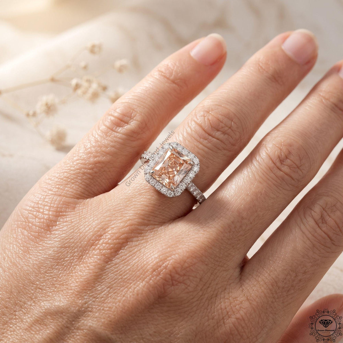 Radiant Cut Pink Lab Grown Diamond Halo Engagement Ring