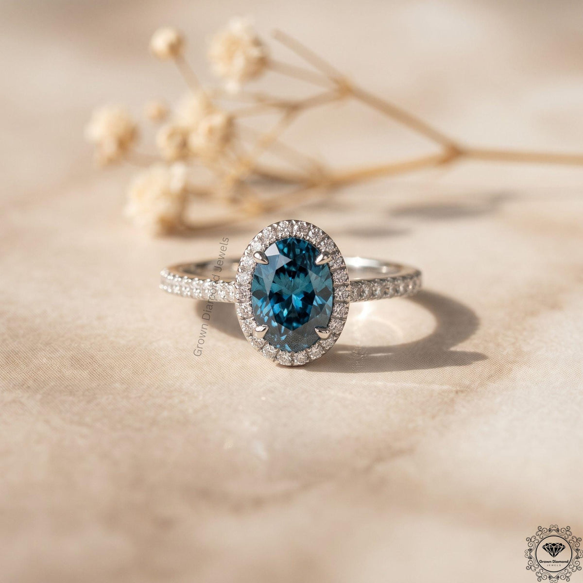 Vivid Blue Oval Lab Grown Diamond Halo Engagement Ring 14k