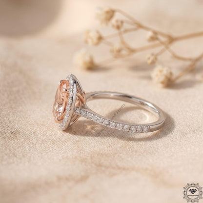 Oval Fancy Pink Lab Grown Diamond Halo Engagement Ring 18k