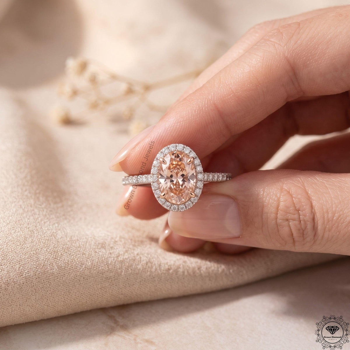 Oval Fancy Pink Lab Grown Diamond Halo Engagement Ring 18k
