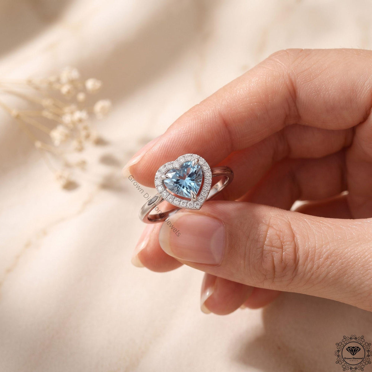 Blue Heart Lab Grown Diamond Engagement Ring 14K Gold Halo