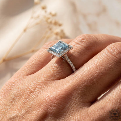 Blue Lab Grown Diamond Princess Cut Halo Engagement Ring
