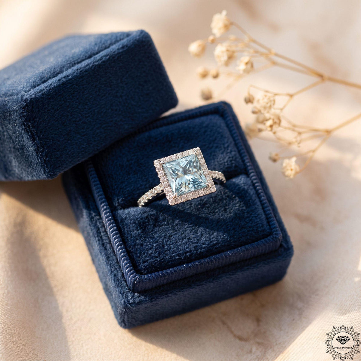 Blue Lab Grown Diamond Princess Cut Halo Engagement Ring