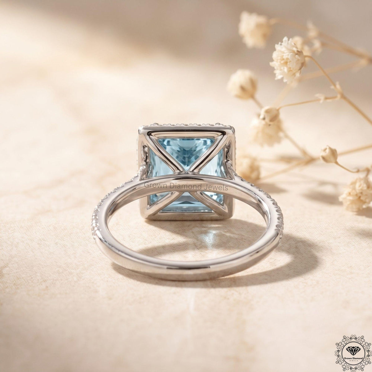 Blue Lab Grown Diamond Princess Cut Halo Engagement Ring