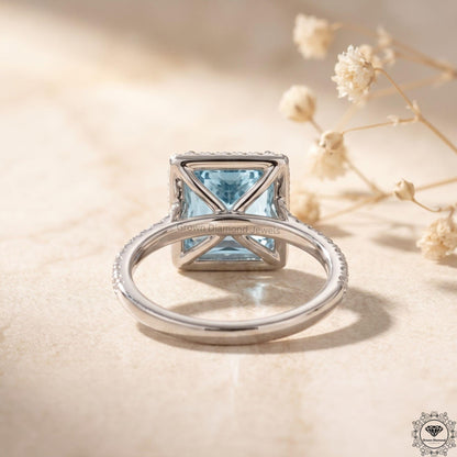 Blue Lab Grown Diamond Princess Cut Halo Engagement Ring