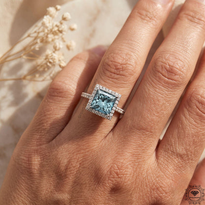 Blue Lab Grown Diamond Princess Cut Halo Engagement Ring