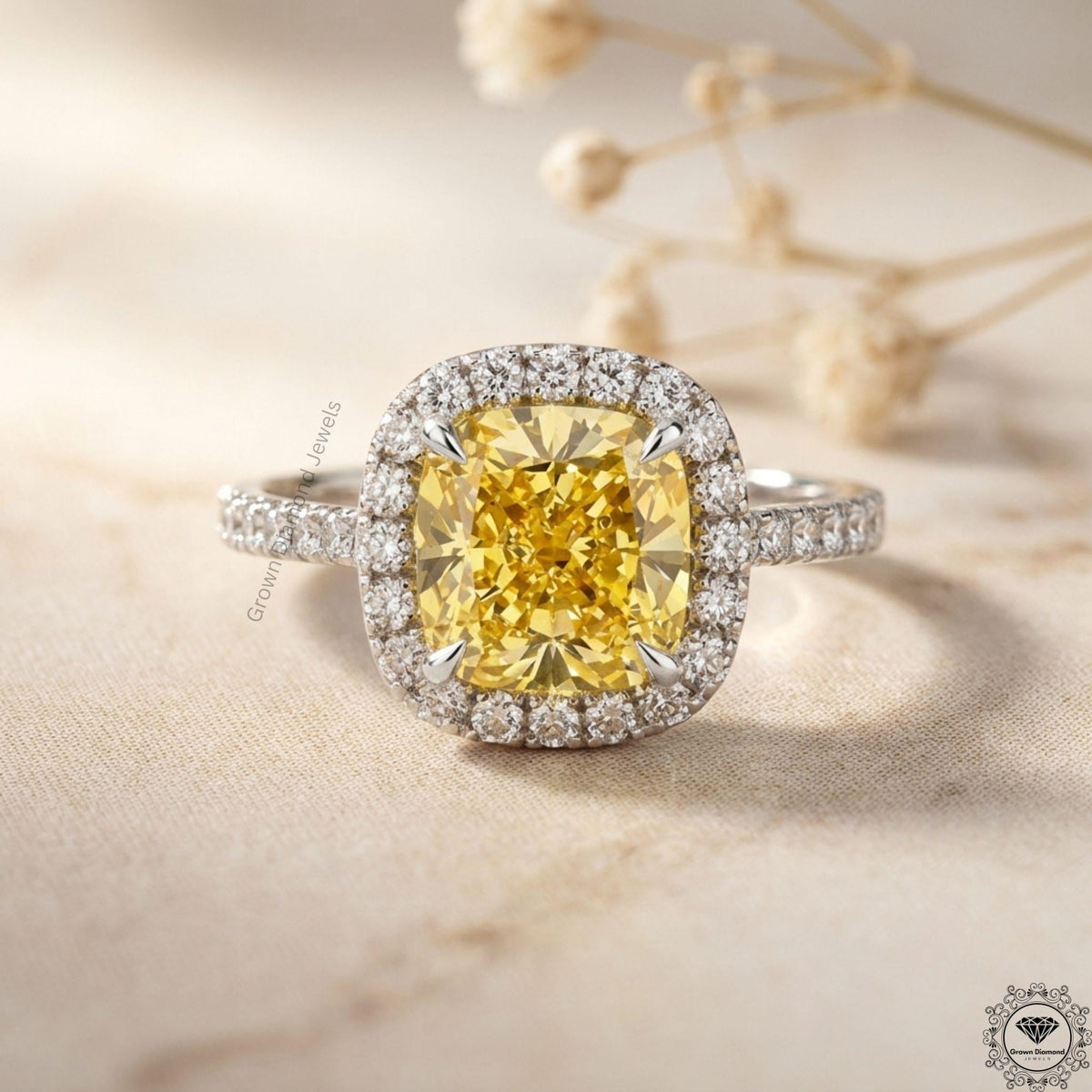 Cushion Fancy Yellow Lab Grown Diamond Two Tone Halo Ring