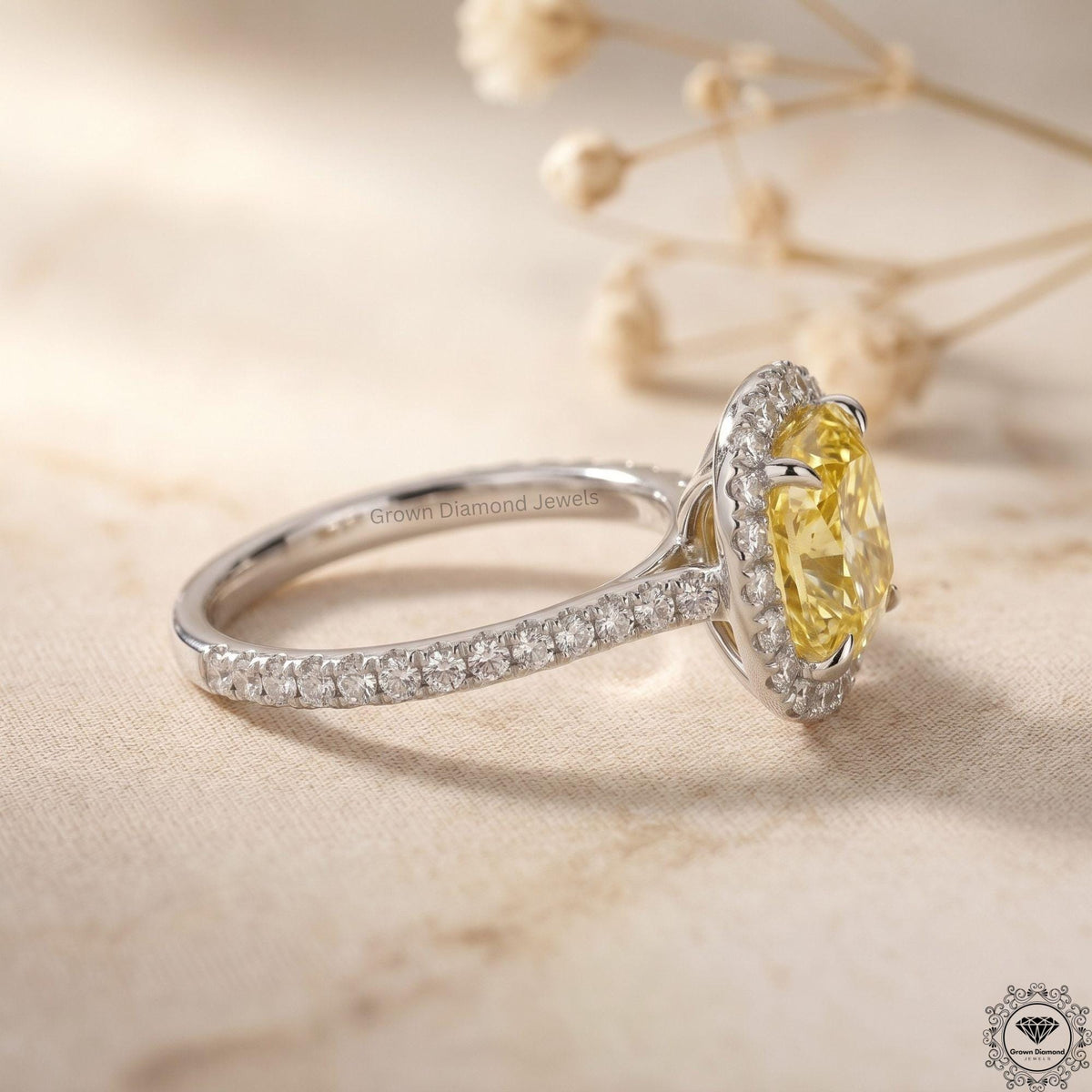 Cushion Fancy Yellow Lab Grown Diamond Two Tone Halo Ring