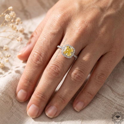 Cushion Fancy Yellow Lab Grown Diamond Two Tone Halo Ring