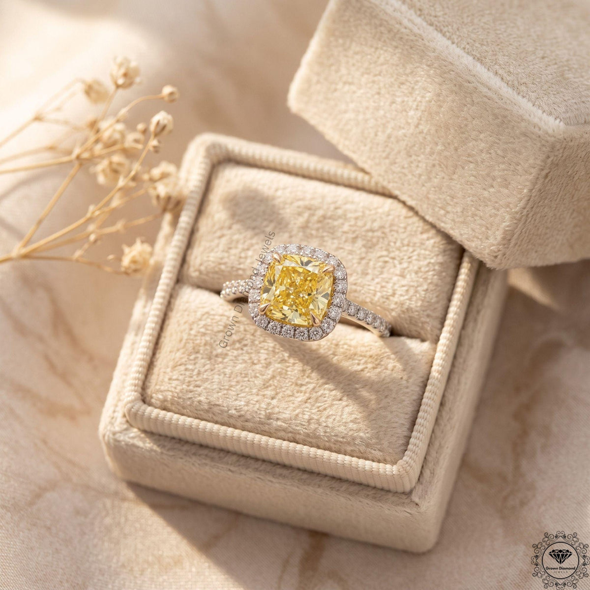 Cushion Fancy Yellow Lab Grown Diamond Two Tone Halo Ring