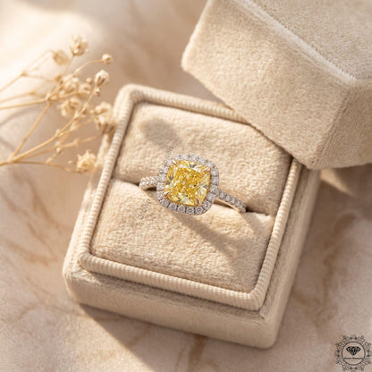 Cushion Fancy Yellow Lab Grown Diamond Two Tone Halo Ring