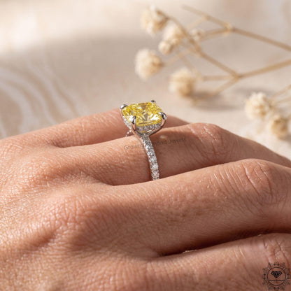 Cushion Yellow Lab Diamond Hidden Halo Engagement Ring 14k