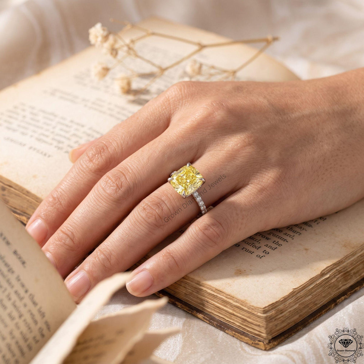 Cushion Yellow Lab Diamond Hidden Halo Engagement Ring 14k