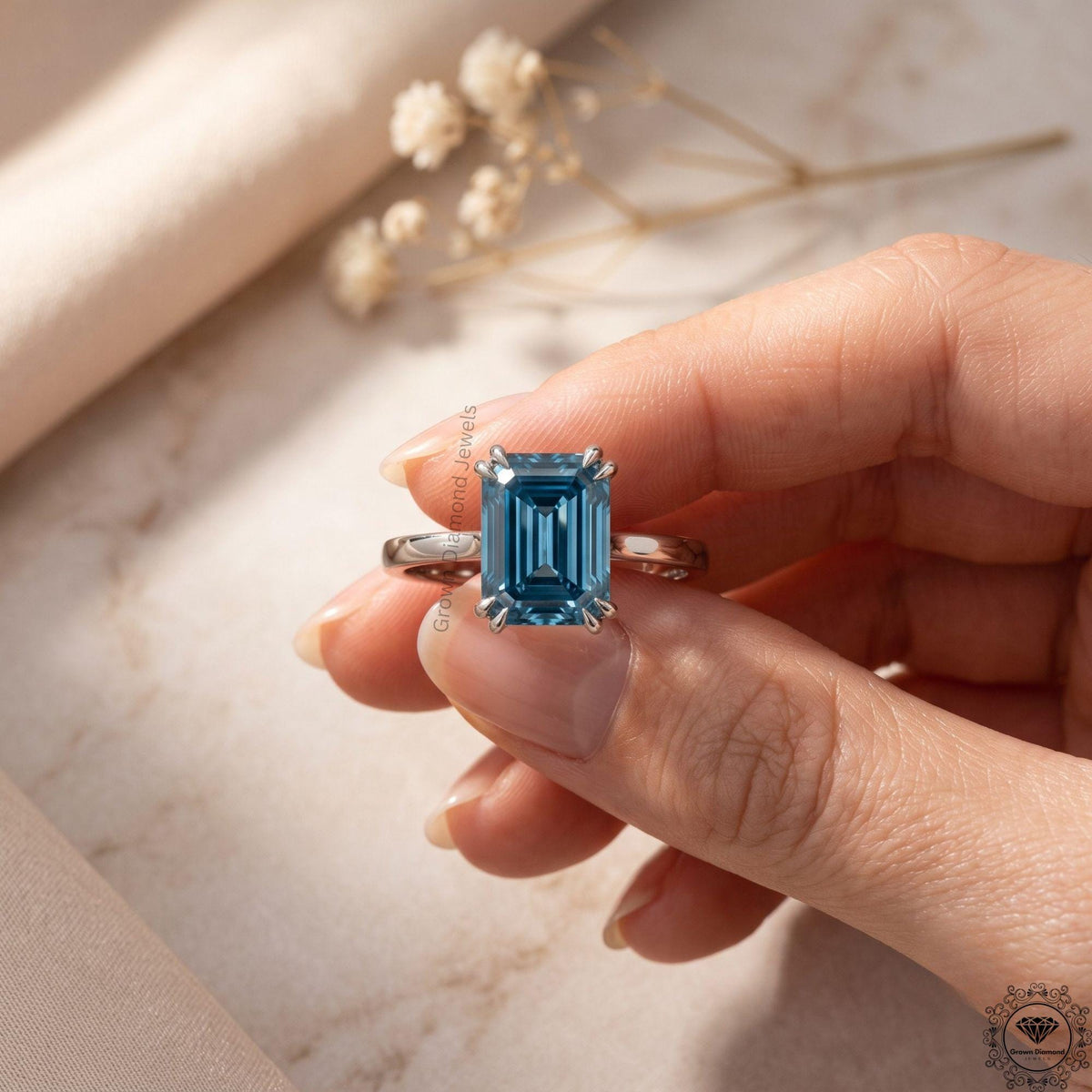 4 Carat Blue Diamond Emerald Cut Solitaire Ring 14k White Gold