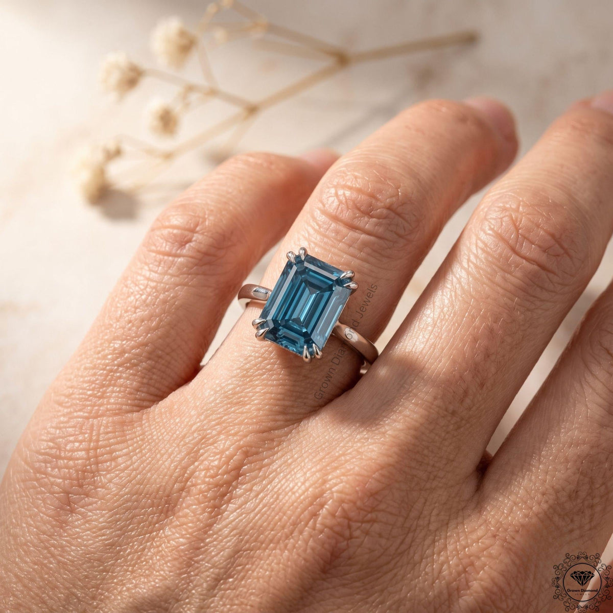 4 Carat Blue Diamond Emerald Cut Solitaire Ring 14k White Gold