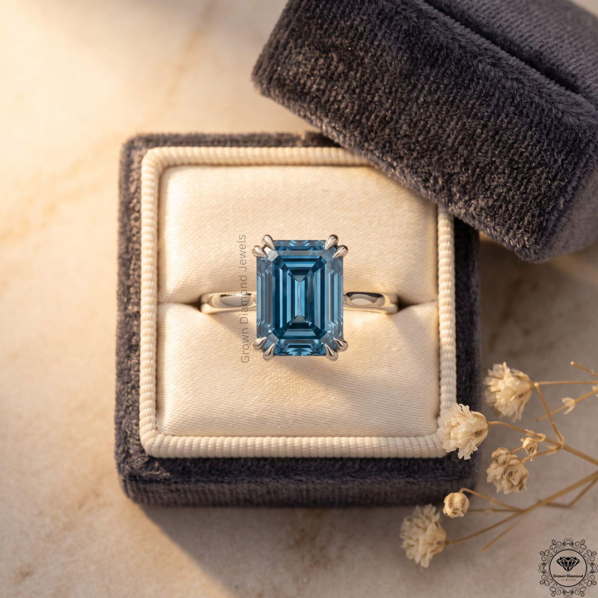 4 Carat Blue Diamond Emerald Cut Solitaire Ring 14k White Gold