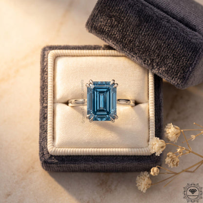 4 Carat Blue Diamond Emerald Cut Solitaire Ring 14k White Gold
