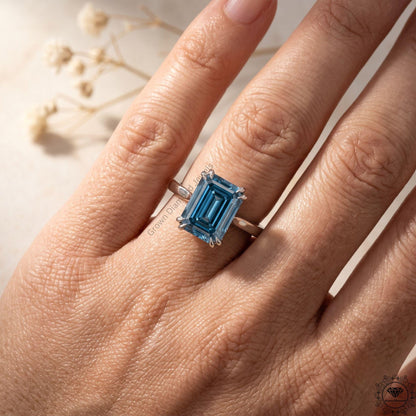 4 Carat Blue Diamond Emerald Cut Solitaire Ring 14k White Gold