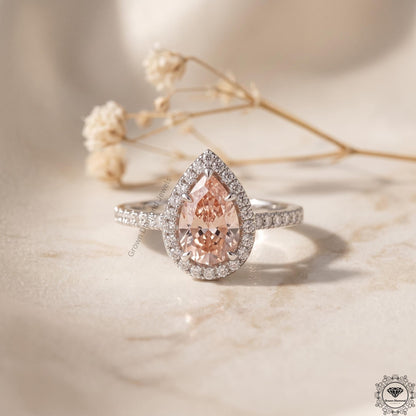 Pear Pink Lab Grown Diamond Halo Engagement Ring Gift Her