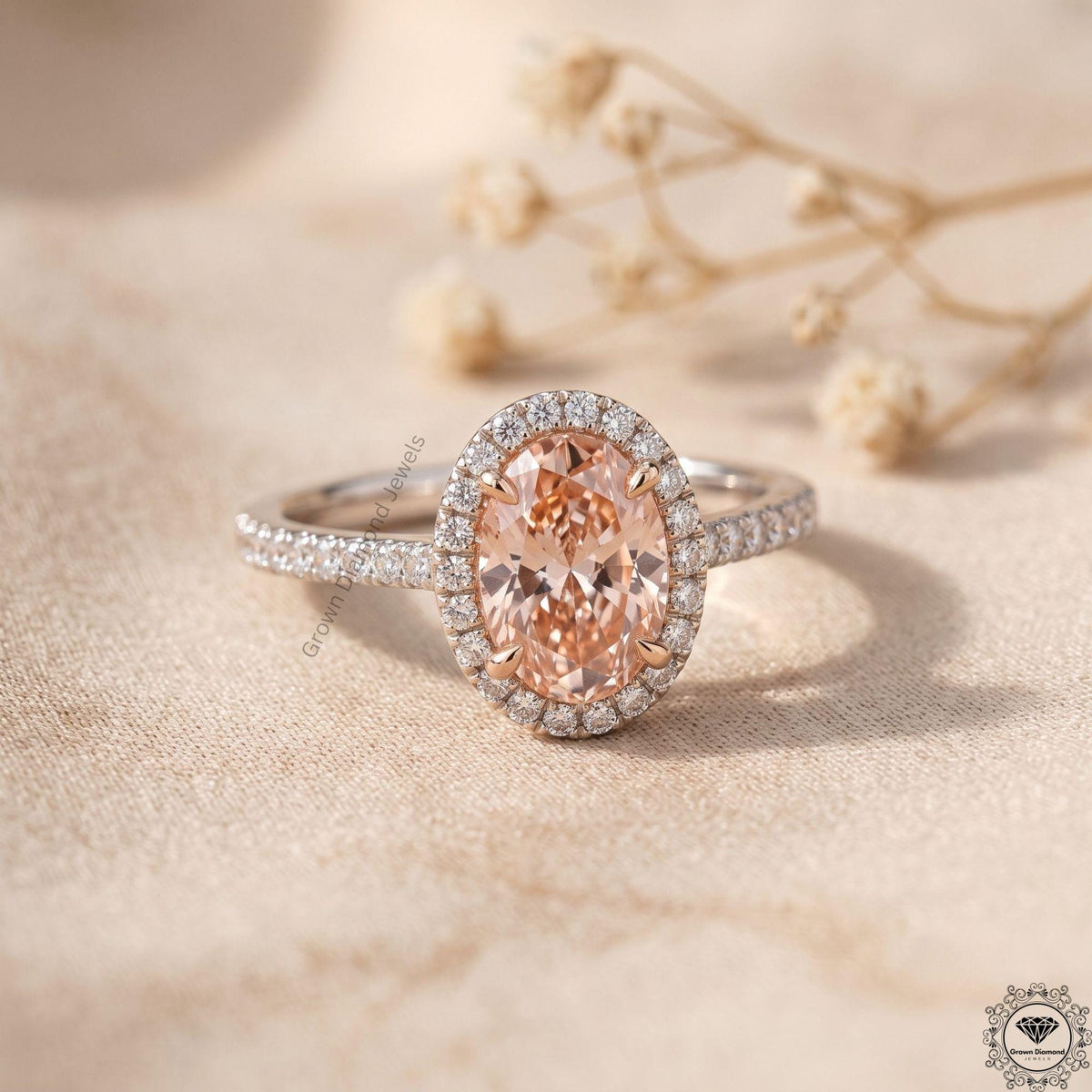 Oval Fancy Pink Lab Grown Diamond Halo Engagement Ring 18k