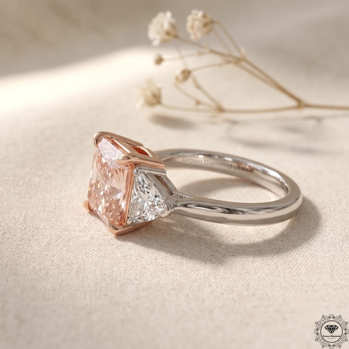 3.6 CT Radiant Fancy Pink Lab Grown Diamond Three Stone Ring