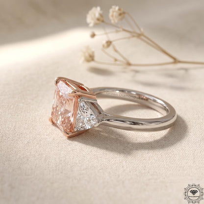 3.6 CT Radiant Fancy Pink Lab Grown Diamond Three Stone Ring