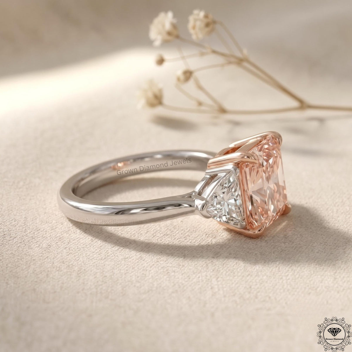 3.6 CT Radiant Fancy Pink Lab Grown Diamond Three Stone Ring
