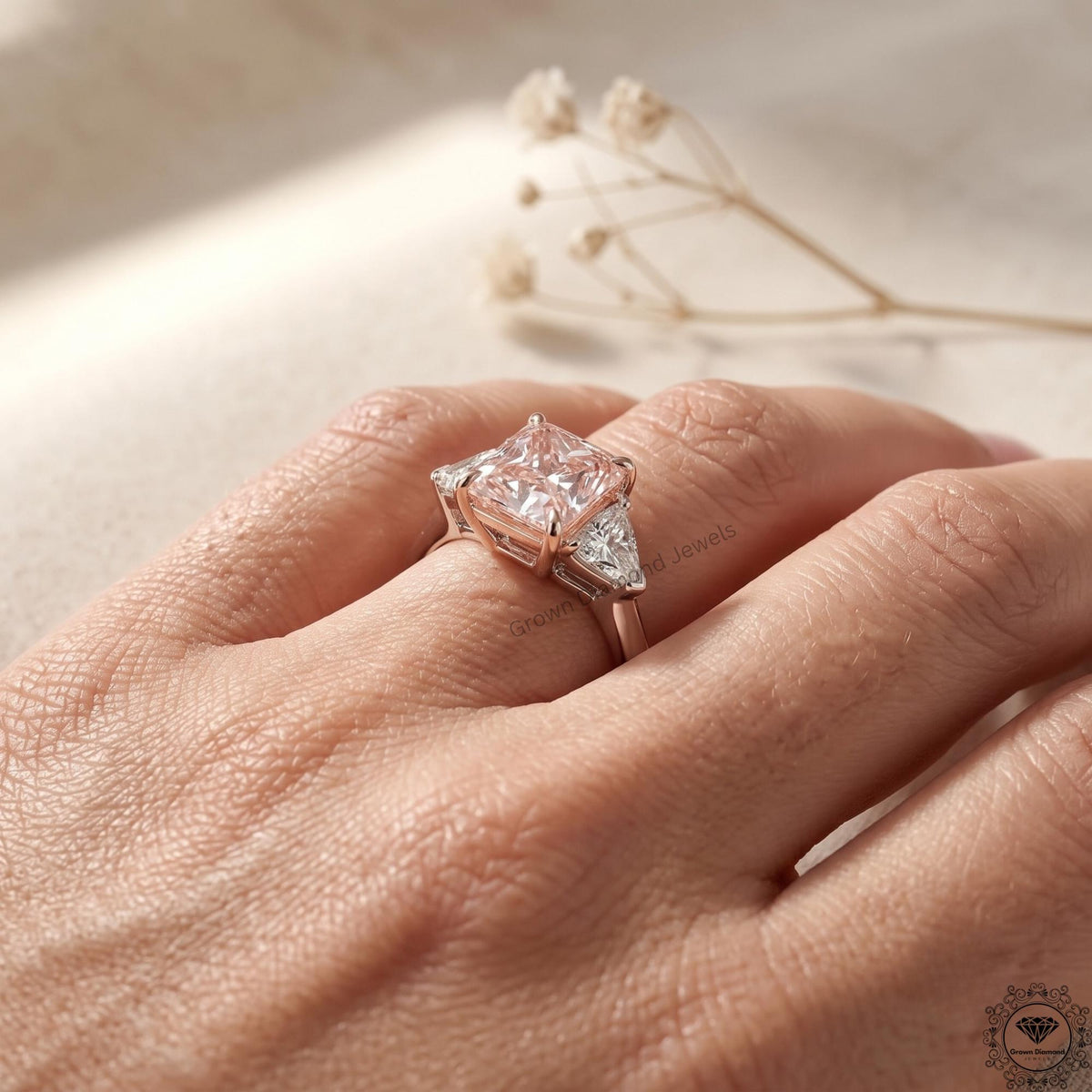 3.6 CT Radiant Fancy Pink Lab Grown Diamond Three Stone Ring