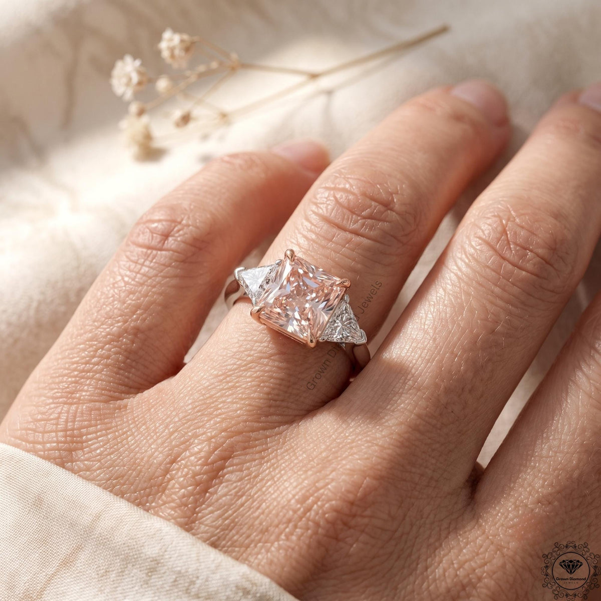 3.6 CT Radiant Fancy Pink Lab Grown Diamond Three Stone Ring