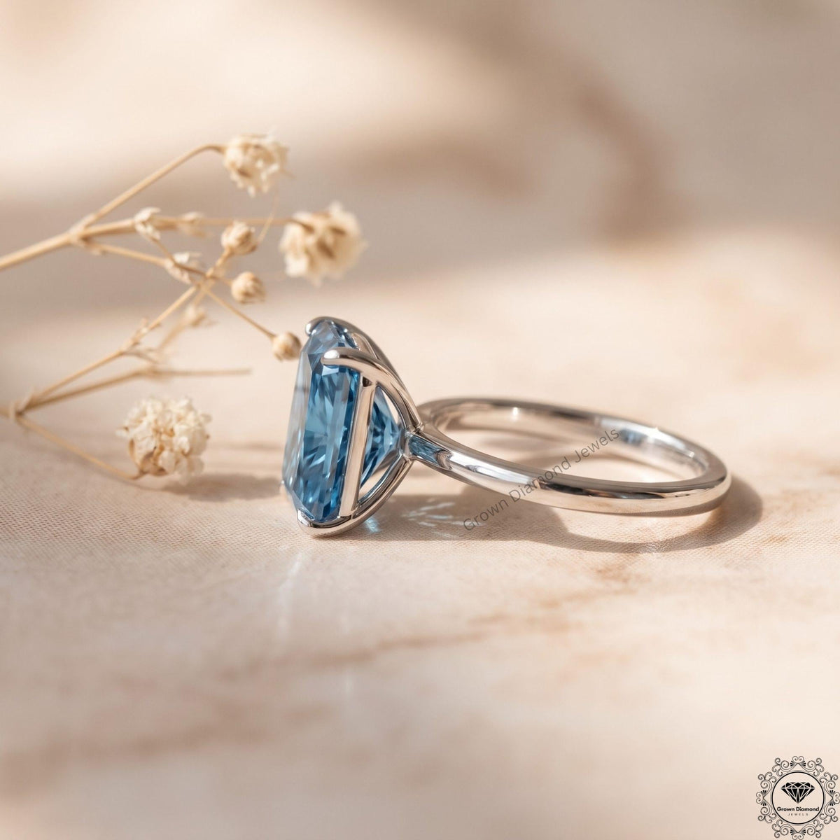 3CT Blue Lab Grown Diamond Solitaire Engagement Ring in 14k