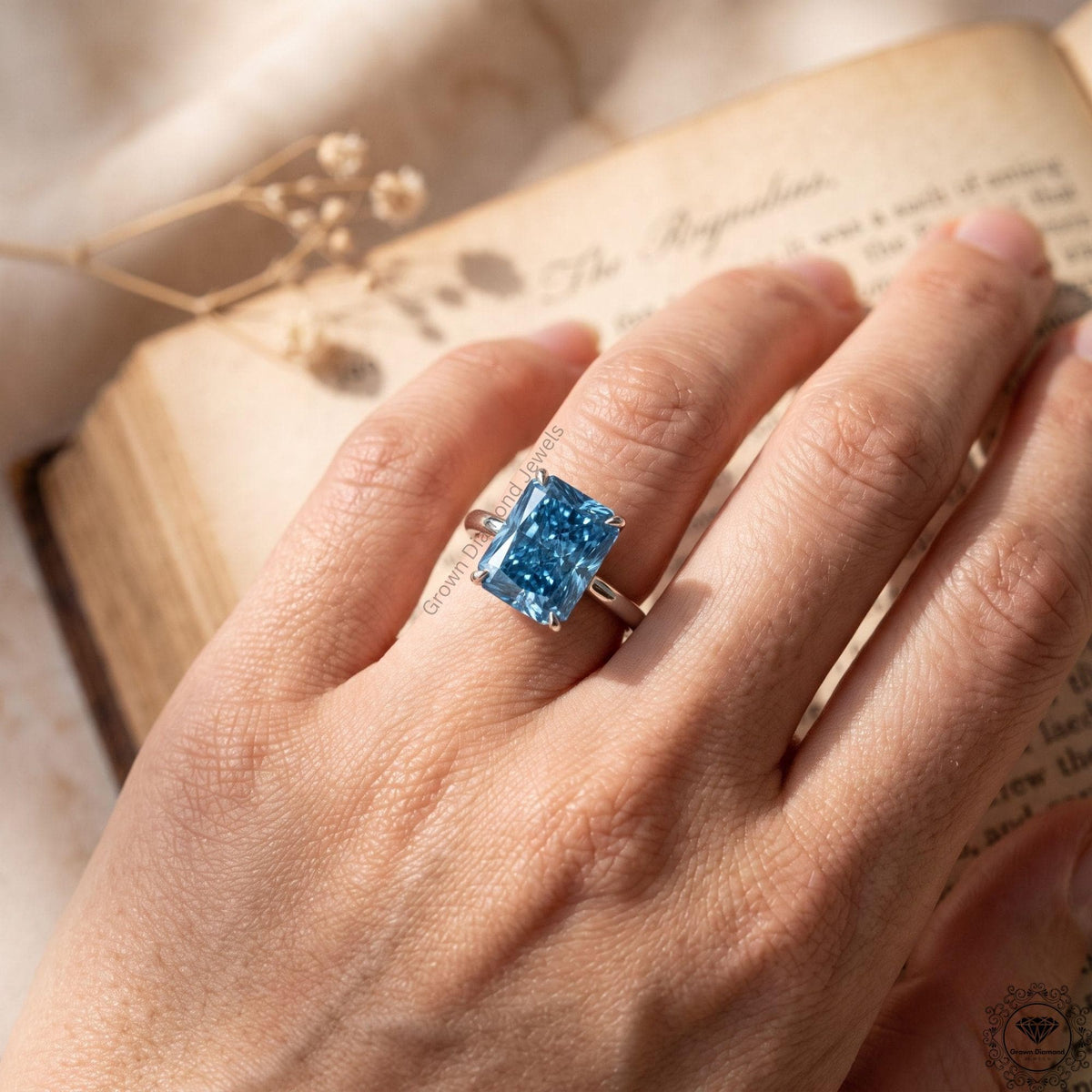 3CT Blue Lab Grown Diamond Solitaire Engagement Ring in 14k