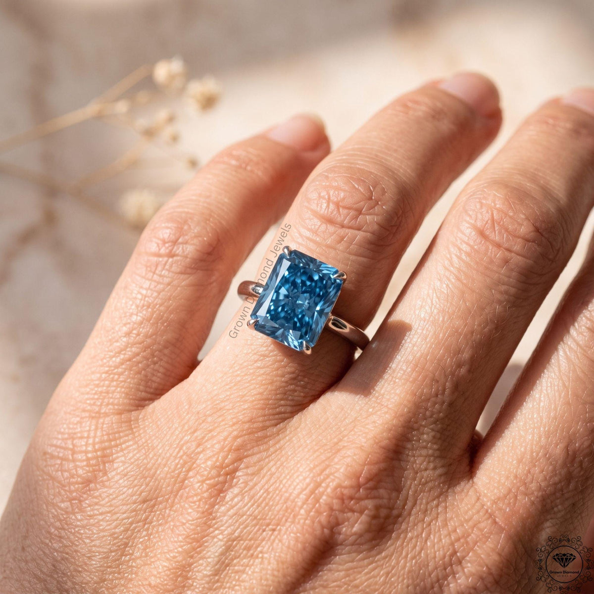 3CT Blue Lab Grown Diamond Solitaire Engagement Ring in 14k